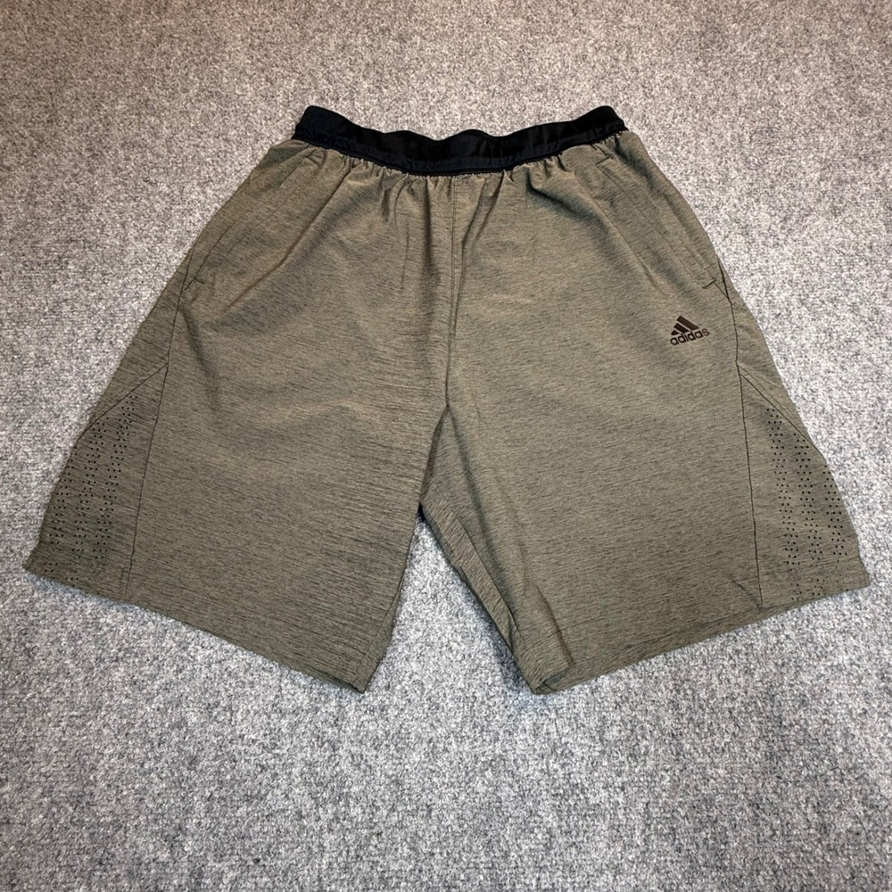 Adidas Mens Heathered Olive Green Training Shorts Large Zipper Pockets L